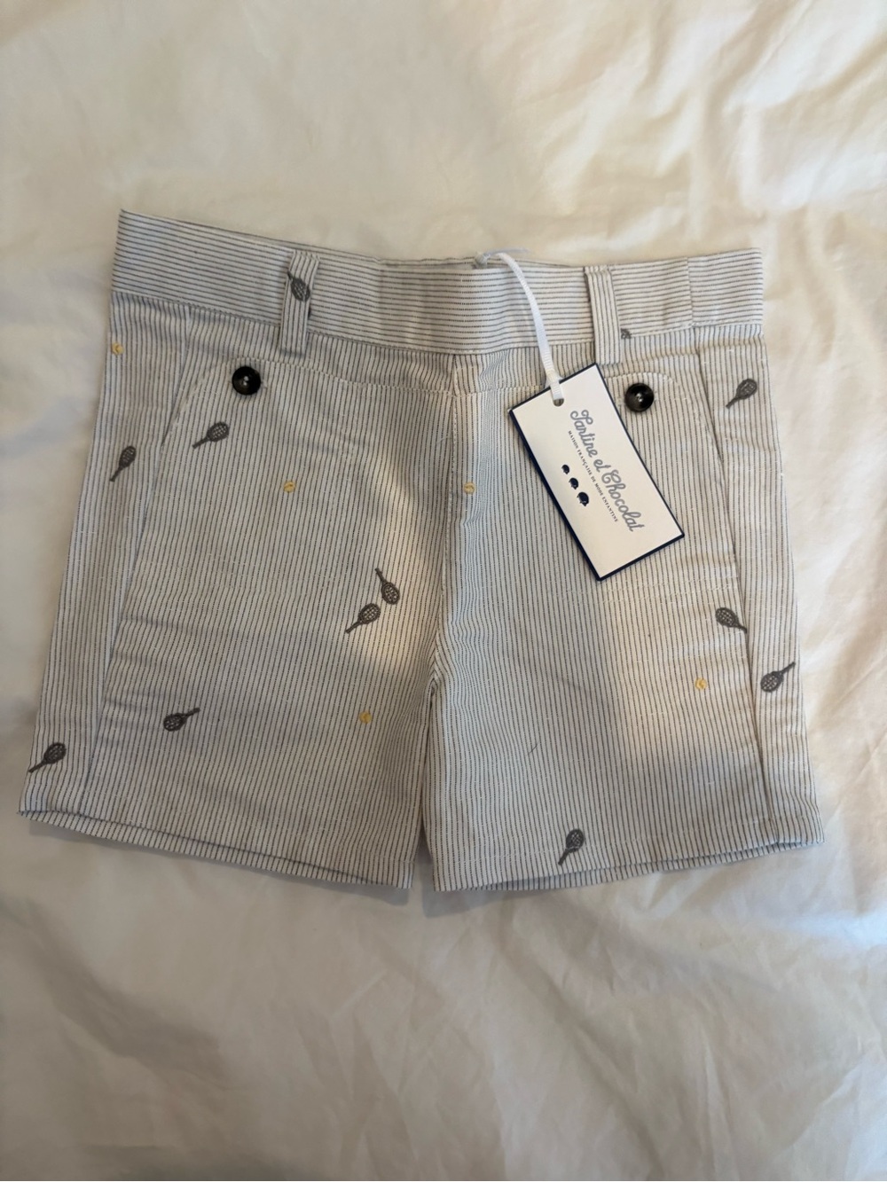 Tartine et Chocolat Light grey & White Striped Shorts with Embroidered Motifs